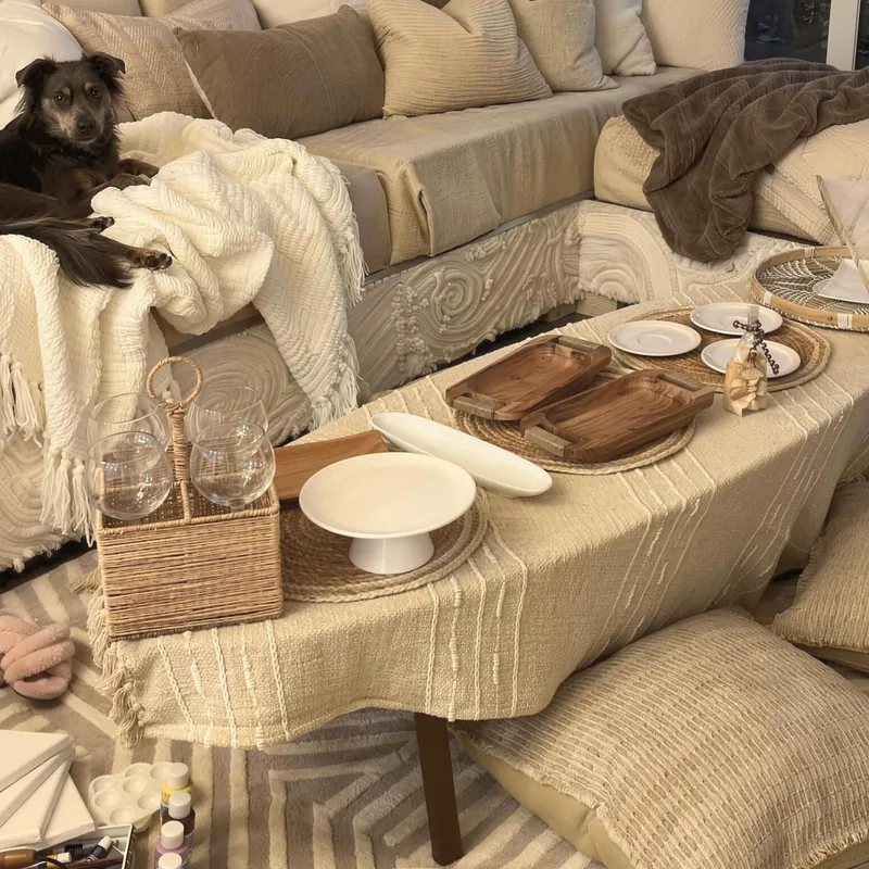 A cozy living room with linen sofas, cushions and a sleeping dog