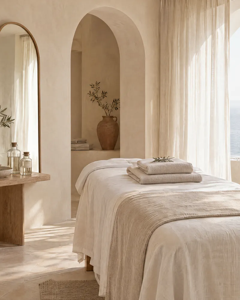 A serene treatment room with a linen-made bed and sheer curtains