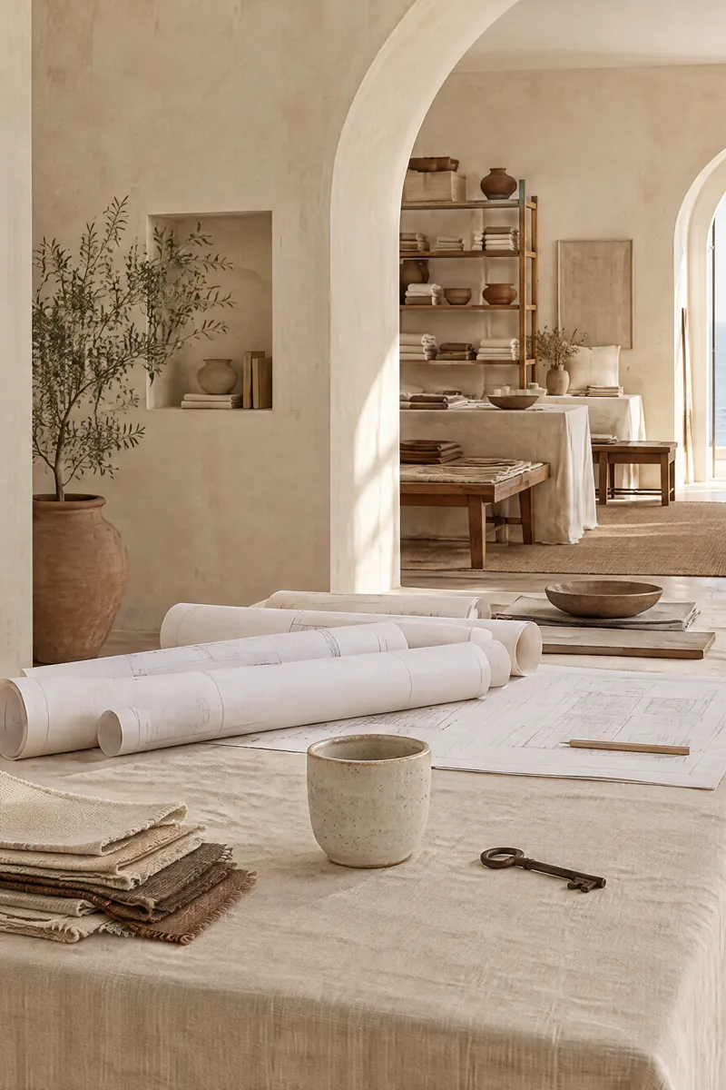 A linen-covered worktable with rolled floor plans in a bright arched room