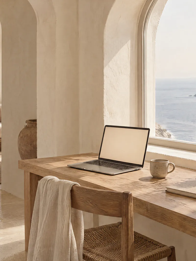 A sunlit desk nook with an open laptop under an arched window