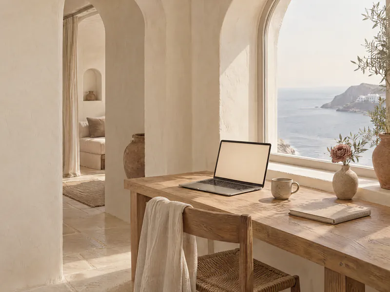A sunlit desk nook with an open laptop under an arched window