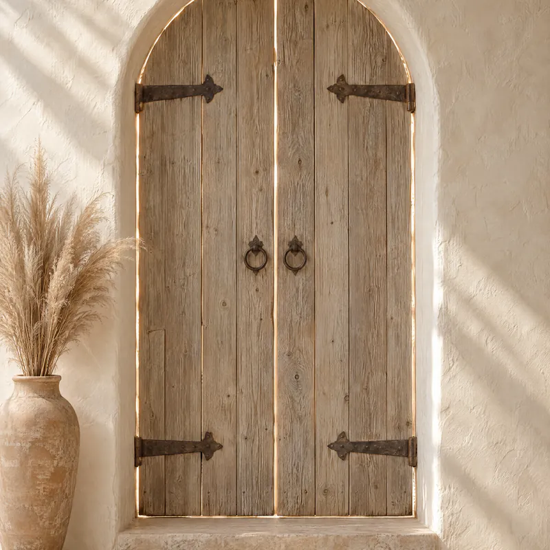A weathered door with sunset light at its seams