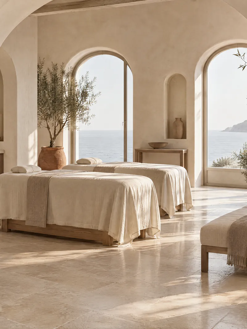 A wide arched opening into a larger bright treatment room